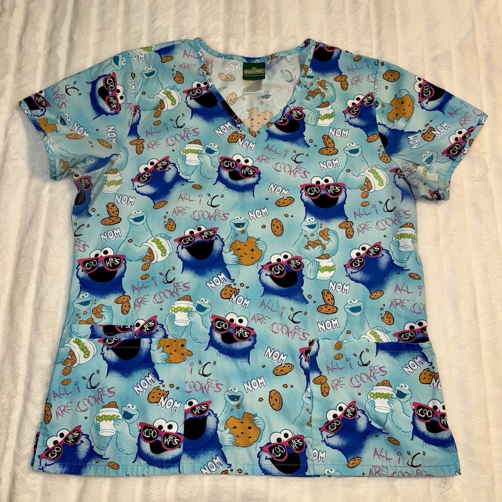 Sesame‎ Street Cookie Monster Scrub Top Women's Medium Blue All I C Are Cookies
